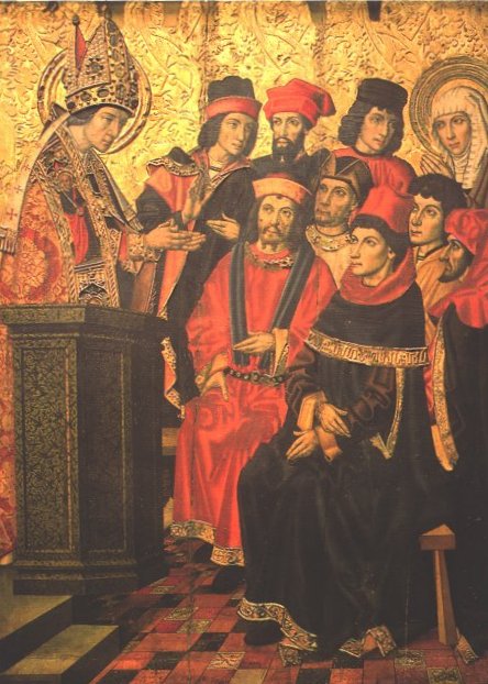 Detall de Sant Agustí i Santa Mònica escoltant un sermó de Sant Ambròs