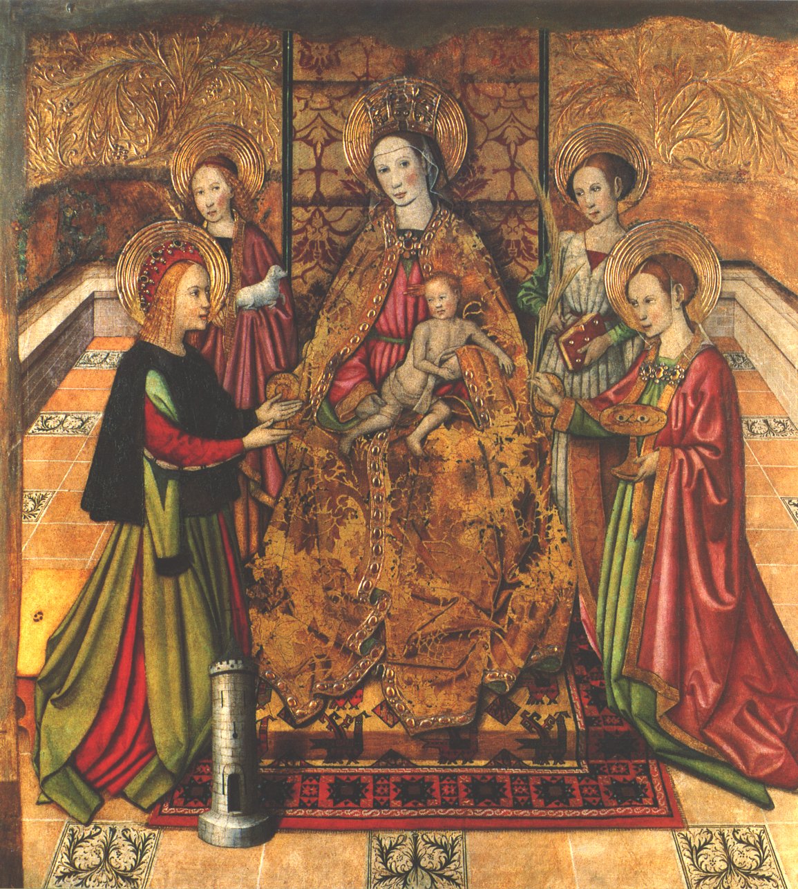 Detall de la Verge i l'infant amb les santes B&agrave;rbara, Agn&egrave;s, Ll&uacute;cia i una altra santa m&agrave;rtir